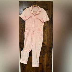 FAHERY Pink DENIM Short Sleeve Jumpsuit sz xs. I’m 5’7” 130and fits loose-cute!